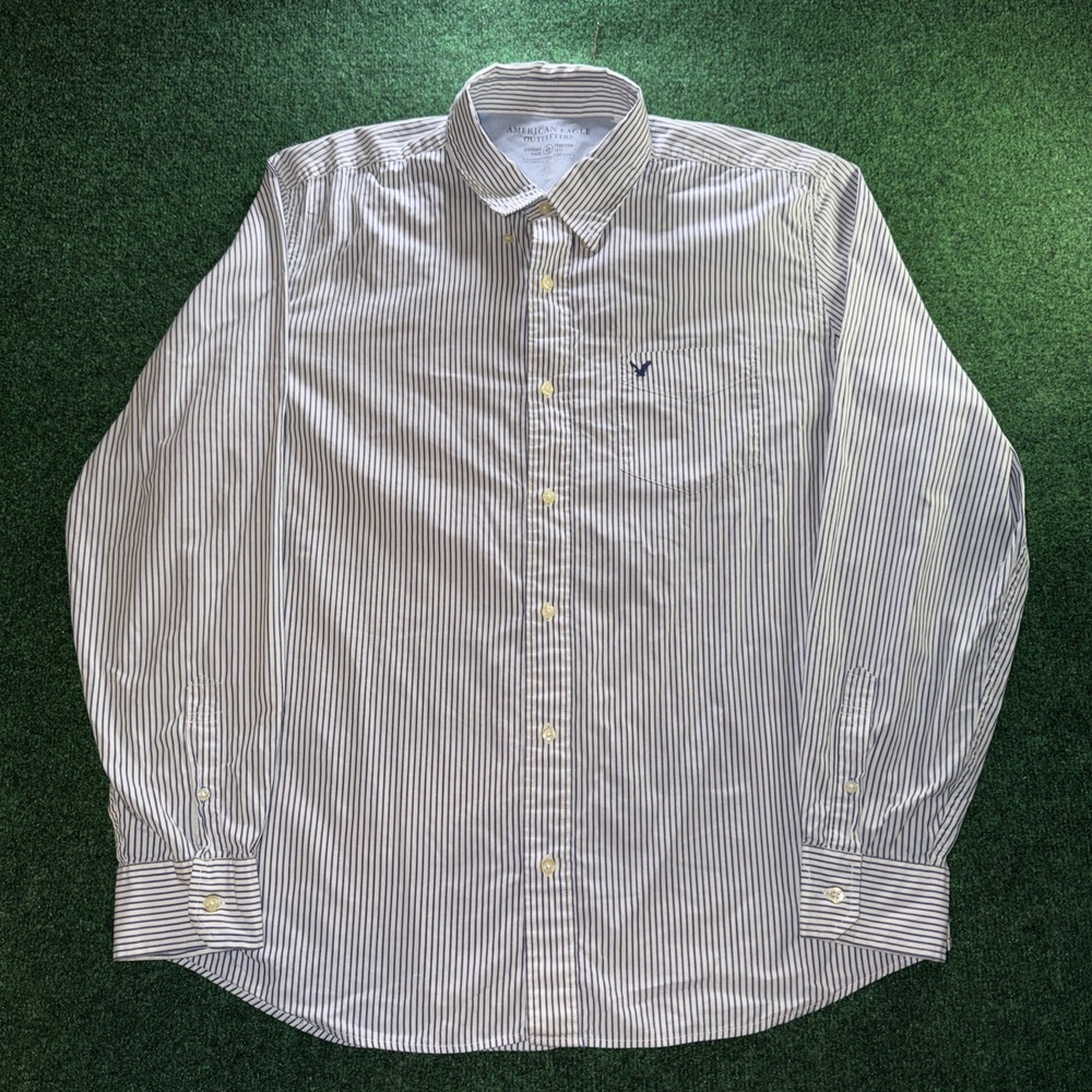 American Eagle Long Sleeve Button Down Men's XL Blue White Stripe Pocket Shirt